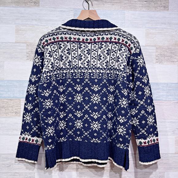 Woolrich Vintage Wool Fair Isle Tipped Polo Sweater Blue Fisherman Womens Small - Picture 4 of 7